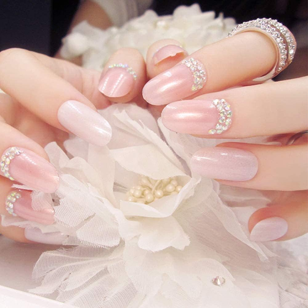 24 Pcs False Nails Full Cover Bridal Wedding Nail Rhinestone Pink Salon Sparkle Art Design Glitter for Women Girls image number 1