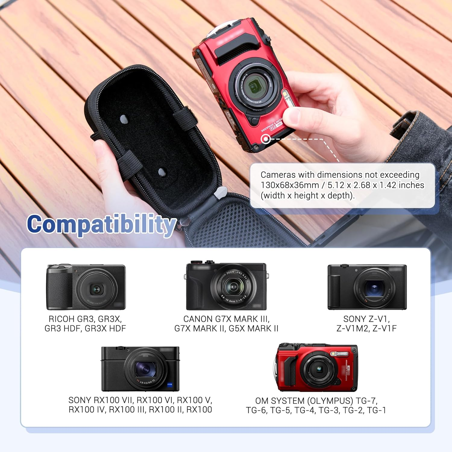 Hard Belt Camera Travel Case with Shoulder Strap Carabiner,Compact Camera Pouch for G7X Mark II Olympus TG-7 TG-6 TG-5 TG-4 Ricoh GR3 GR3X HDF Sony ZV-1 II ZV1 ZV-1F RX100 VII VI VA IV III II & More image number 5