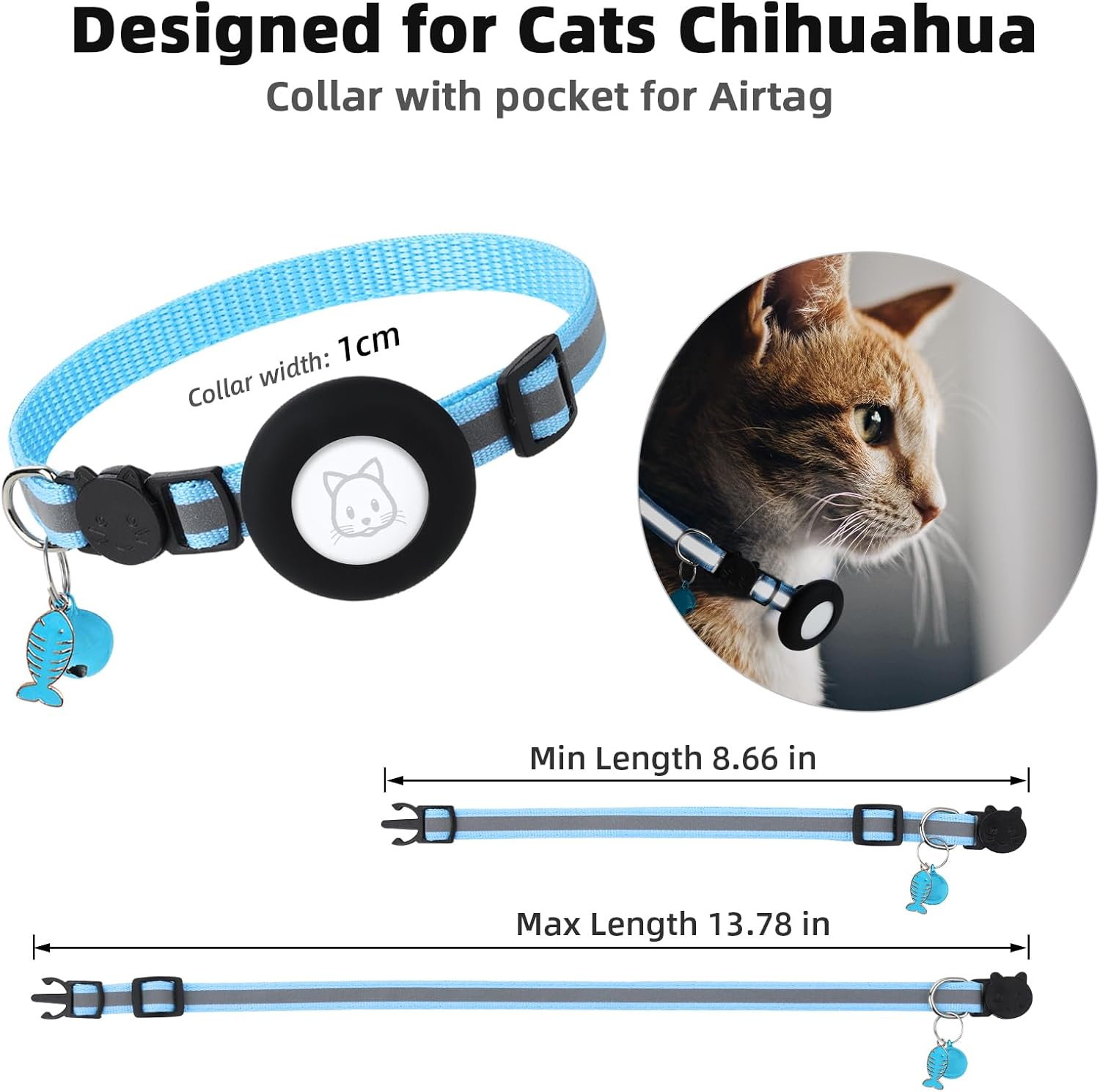 Simplethings Airtag Cat Collar, Air Tag Collar with Bell and Safety Buckle in 3/8'' Width, Reflective Waterproof Holder Compatible Apple for Dog Kitten Puppy (Black+Blue) - Black+Blue image number 3