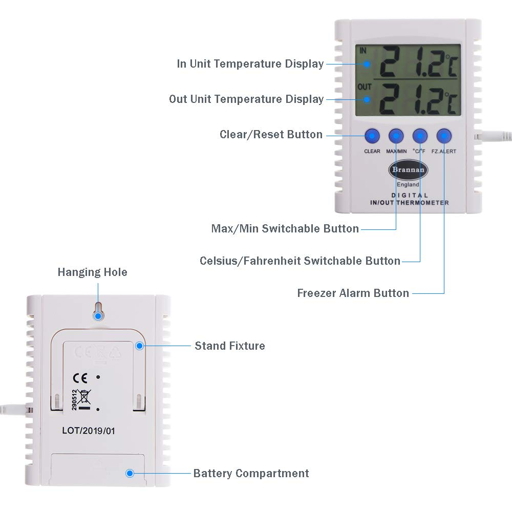 Brannan Digital Max Min Thermometer Indoor Outdoor Fridge Freezer Greenhouse Garden Room Large Display 2M Probe Cable image number 6