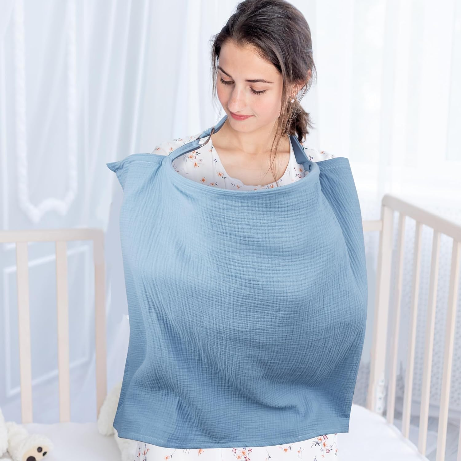 Muslin Nursing Cover for Baby Breastfeeding, Breathable Privacy Nursing Cover with Arch Neckline for Mom, Organic Cotton Multi-Use Nursing Apron (Blue) - Green image number 4