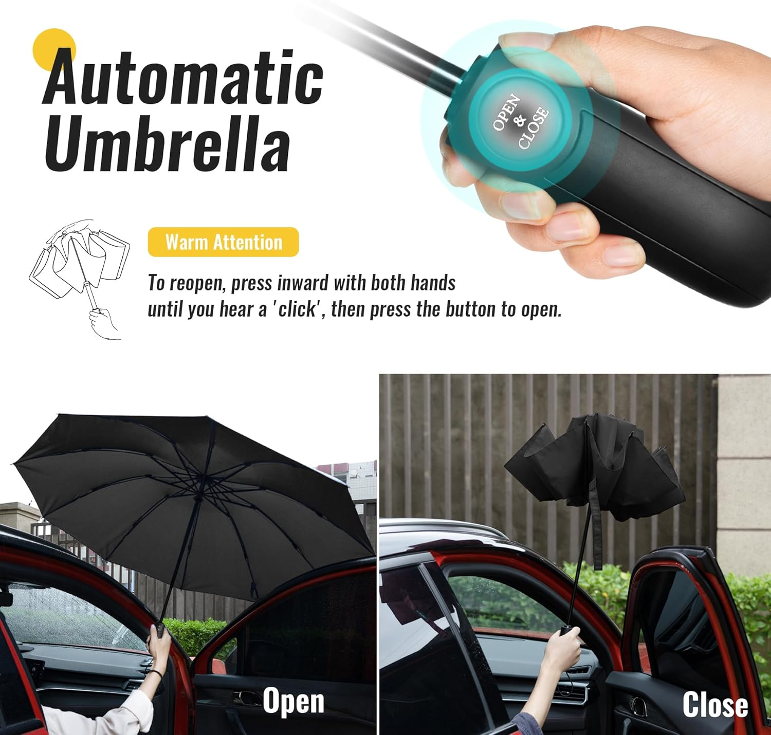 Travel Inverted Umbrella Compact Windproof- Automatic Reverse Umbrellas for Rain - Men and Women, Folding Portable Teflon Coating 47Inch Span, 10 Rids Large Umbrella - Black image number 5
