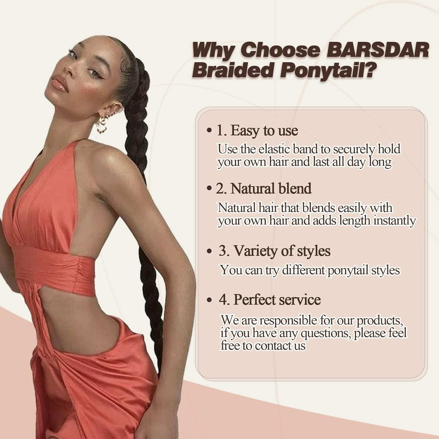 BARSDAR 66 Cm Long Braided Ponytail Extension Elastic Band, Straight Wrapped Braid, Hair Extensions, Ponytail, DIY, Natural, Soft, Synthetic Hairpiece for Women image number 4