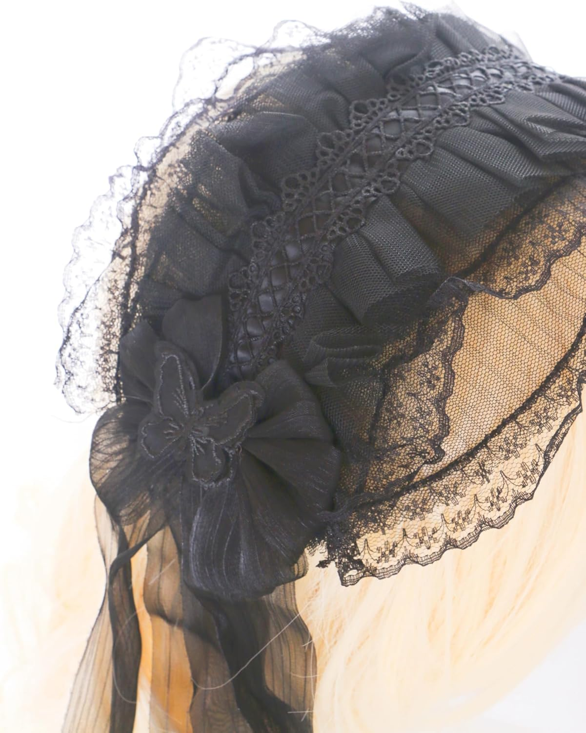 C-128 Maid Maid Lolita Lace Ruffle Headband with Bow Gothic Hair Accessories Headband Extra Wide Black