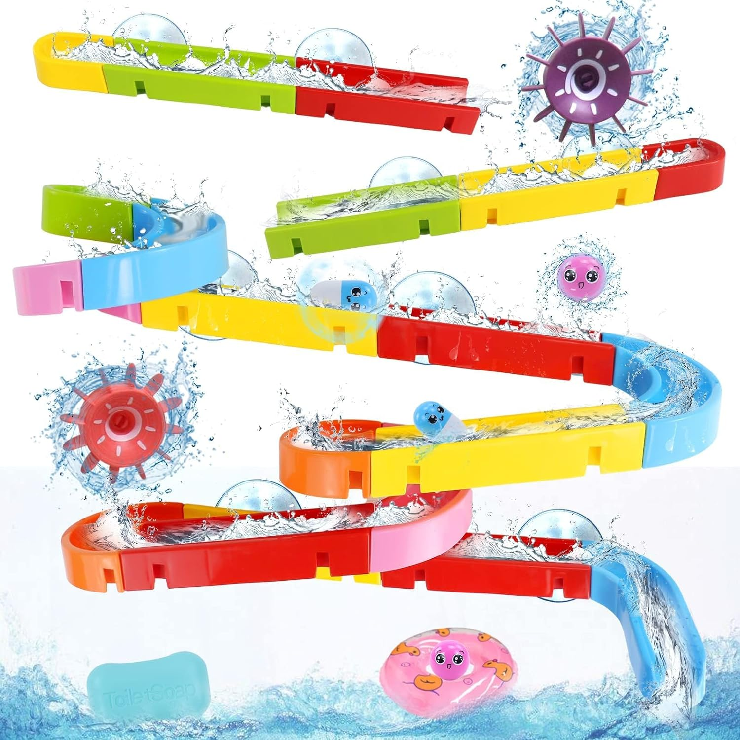Fajiabao Bath Toys Slide Splash Water Ball Track Stick to Wall Bathtub for Toddlers DIY Waterfall Pipe and Tubes Tub Toys with Suction Wheels Gift for Kids Boys Girls Age 3 4 5 6 7 Years Old image number 4