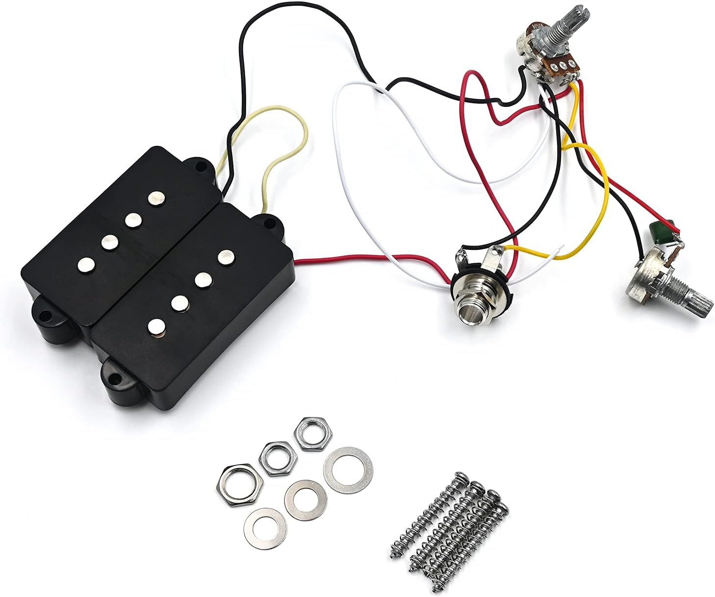 P Bass Humbucker Pickups Prewired Harness Set with 1T1V 1Jack, Variable Gauss Ceramic Traditional Precision 4 String Bass Pickups Set Compatible for PB Style Electric Bass, Black image number 3