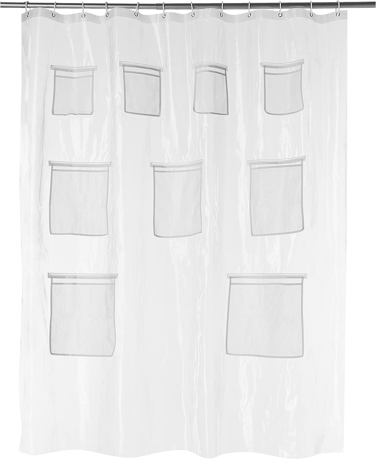 Amazon Basics 8-Gauge PEVA Shower Curtain or Liner with Mesh Storage Pockets - 183X183 CM, Clear image number 2