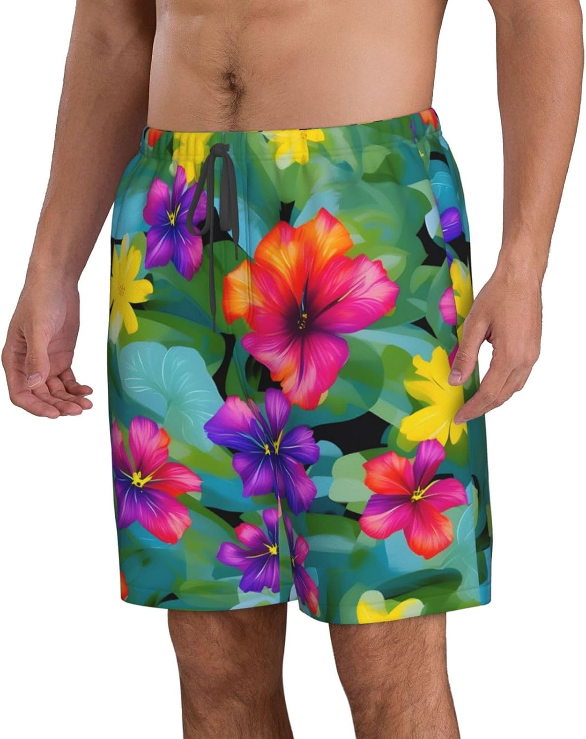 WURTON Hawaiian Colorful Flower Print Men'S Beach Shorts Hawaiian Summer Holiday Casual Shorts with Drawstring, Quick Dry image number 3
