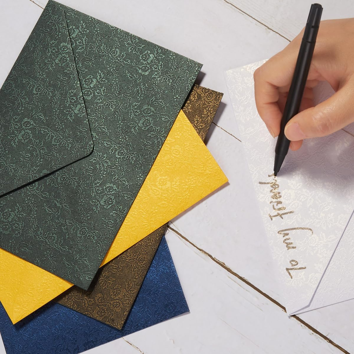 50 Pieces A7 Envelopes 5X7 Card Envelopes Vines Flower Texture Pattern V Flap Luxury Mailing Envelopes with Gold Stickers for Invitations, Wedding, Graduation, Baby Shower (Rose - Dark Green) image number 5