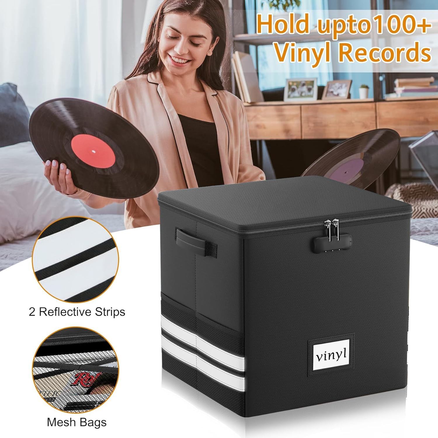 Kitchess Vinyl Record Storage Box with Lock, Fireproof & Waterproof Vinyl Storage Organizer for 100+ 12Inch Albums, Collapsible Vinyl Record Holder with Lid & Handles, 33 X 33 X 33Cm image number 1