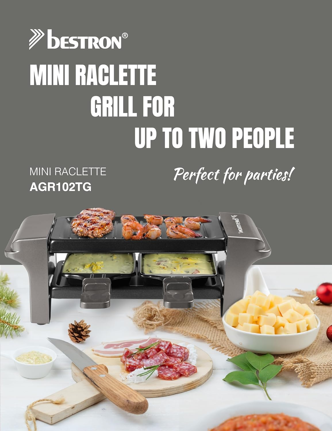 Bestron Raclette, Mini Grill for 1 to 2 People, with 2 Pans and 2 Spatulas, with Non-Stick Coating, 350 Watts, Colour: Grey - Black image number 2