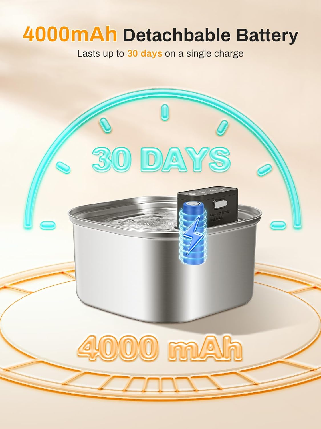 Wireless Cat Water Fountain, 4000Mah Battery Operated, 3.2L/108Oz Cordless Automatic Stainless Steel Pet Fountain with Motion Sensor, Rechargeable Cat Drinking Fountain with Ultra-Quiet Pump for Pets image number 6