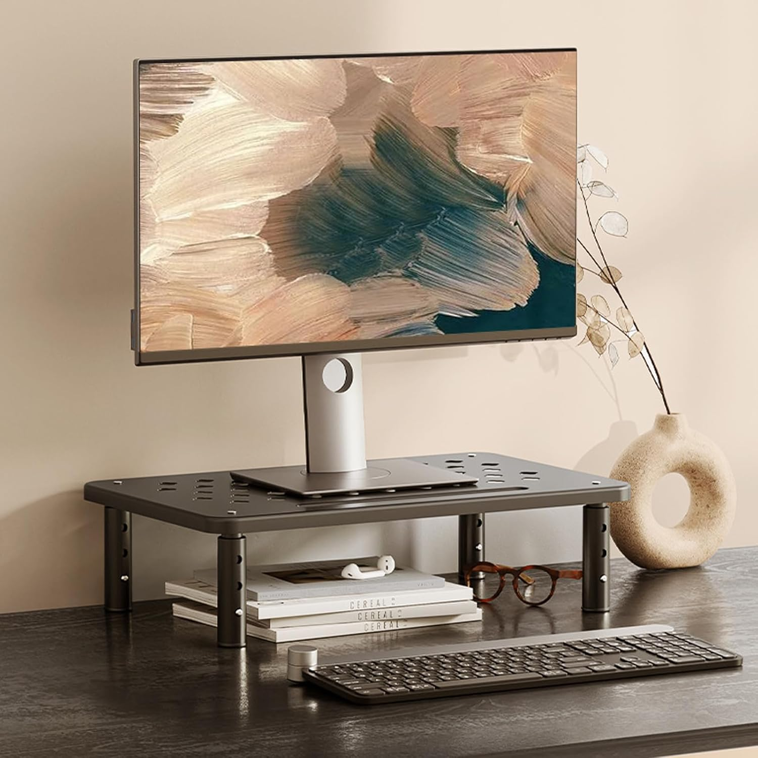 1 Pack Black Metal Monitor Stand Riser, 3 Height Adjustable Monitor Riser with Mesh Holes, Metal Shelf Holder Screen Floor Stand Riser Metal Platform for Computer, Laptop, Printer