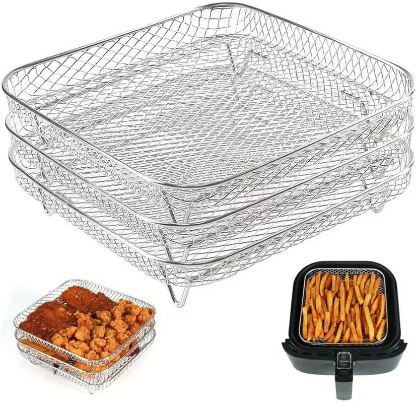 AIMALL 3-Piece Air Fryer Grill Rack &ndash; Food Grade 304 Stainless Steel, Multi-Layer Stackable Mesh Tray for Round, Square, and Rectangular Air Fryers