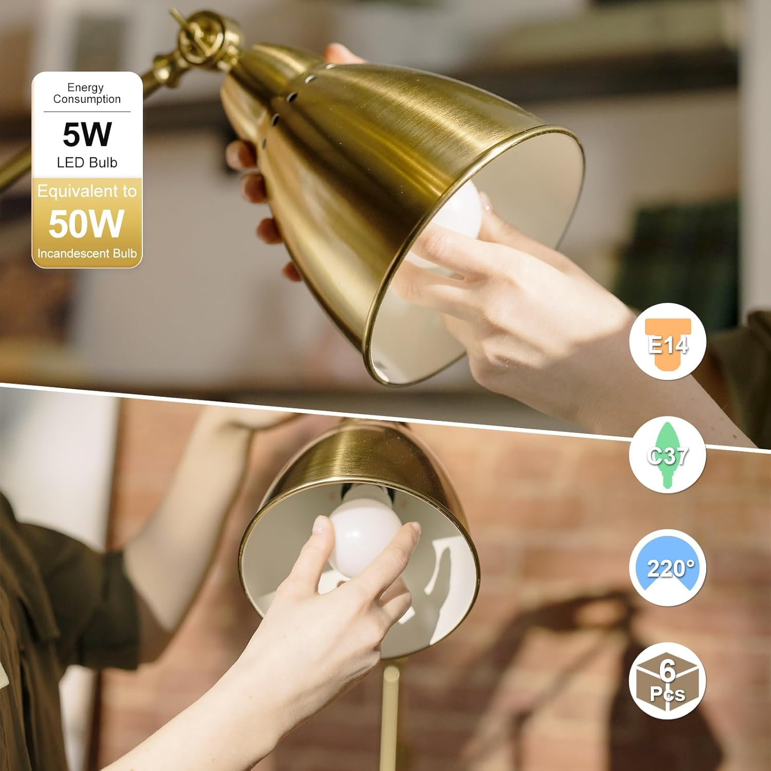 Dicuno E14 Bulb, 5W Small Edison Screw Candle Light Bulbs, 550LM, 50W Incandescent Equivalent, Warm White 2700K, CRI90, SES C37 E14 LED for Chandeliers, Pack of 6 image number 5