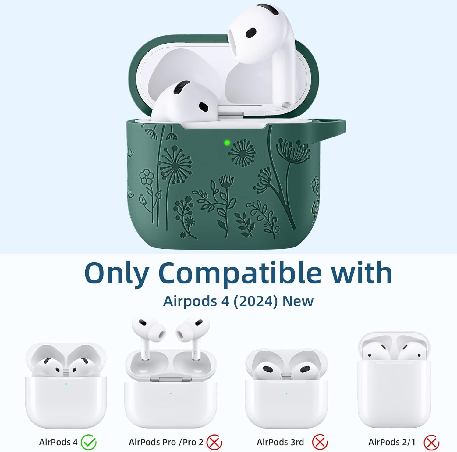 Ouwegaga Compatible with Apple Airpods 4Th Generation Case Cover(2024), Soft Silicone Flower Print Engraved Full Protective Cover for Airpods 4 Case (USB-C) with Keychain for Women Men, Pine Green image number 6