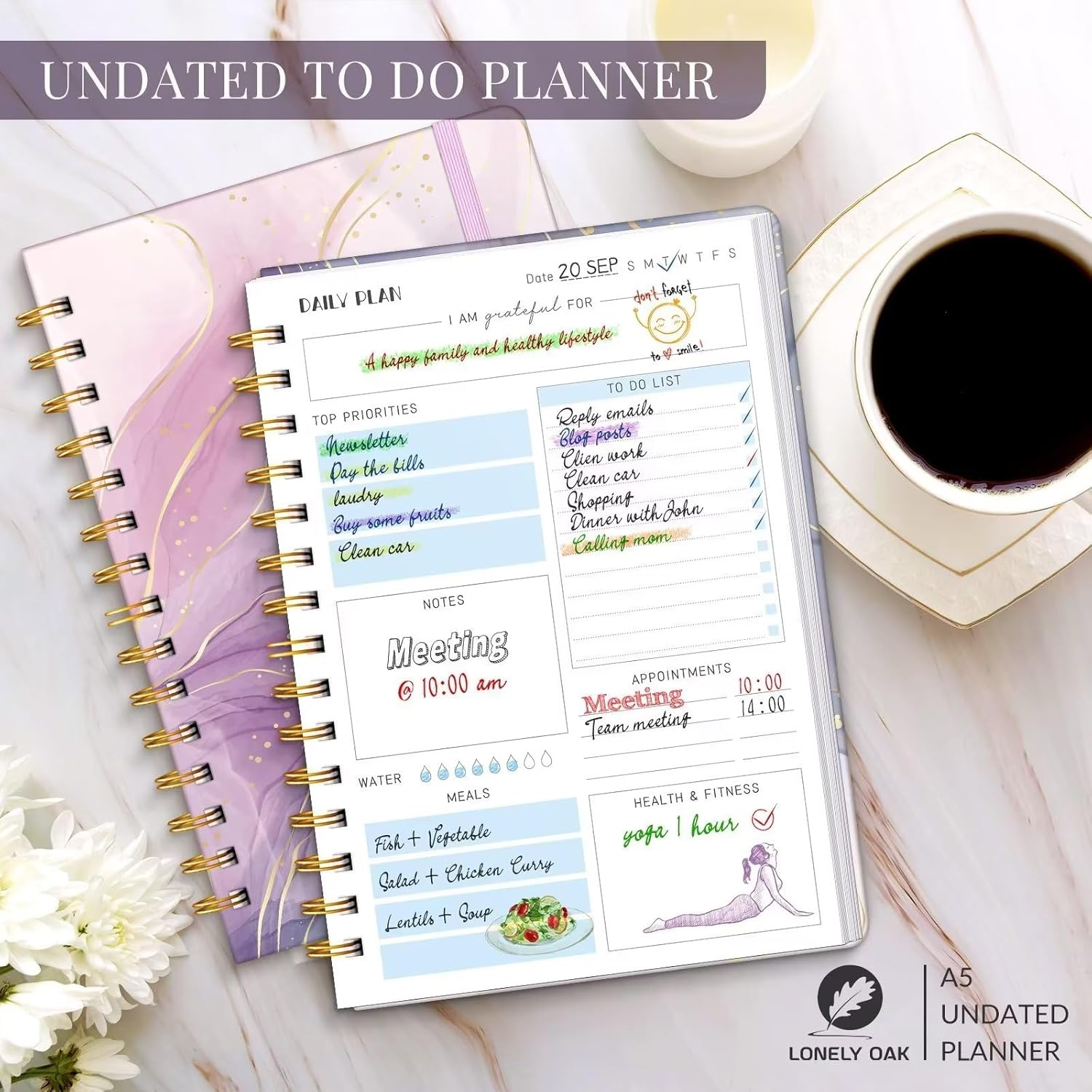 Daily Planner Undated to Boost Productivity, Undated to Do List Notebook, Spiral Appointment Book, Habit Tracker Journal, Goal Planner and Tracker to Hit Your Daily Goals(Purple Marble)