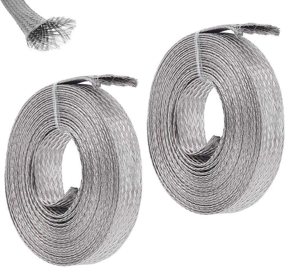 UNICRAFTALE 1.88"（15Mm）Wide Braided Sleeving Braid Stainless Steel Cable Wire Shielding Sleeve Ground Straps Protection Metal Mesh Flexible Expandable Scalable Ribbon Wire for Protect Cable 26 Feet image number 1