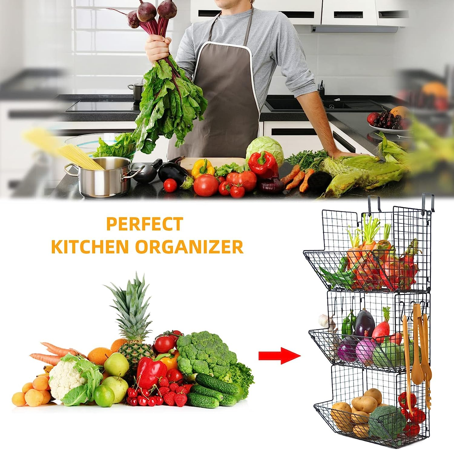 Fruit Vegetable Storage Basket for Kitchen, 3 Tier Stackable Wall Mount & Countertop & Hanging Metal Wire Baskets Organiser with Hooks, Kitchen Produce Tiered Counter Organizer Bin Rack(Black) image number 1