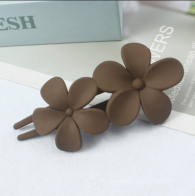 2Pcs Matte Flower Hair Clips Hair Barrettes Accessories for Women Girls Thick Hair (White+Coffee) image number 2