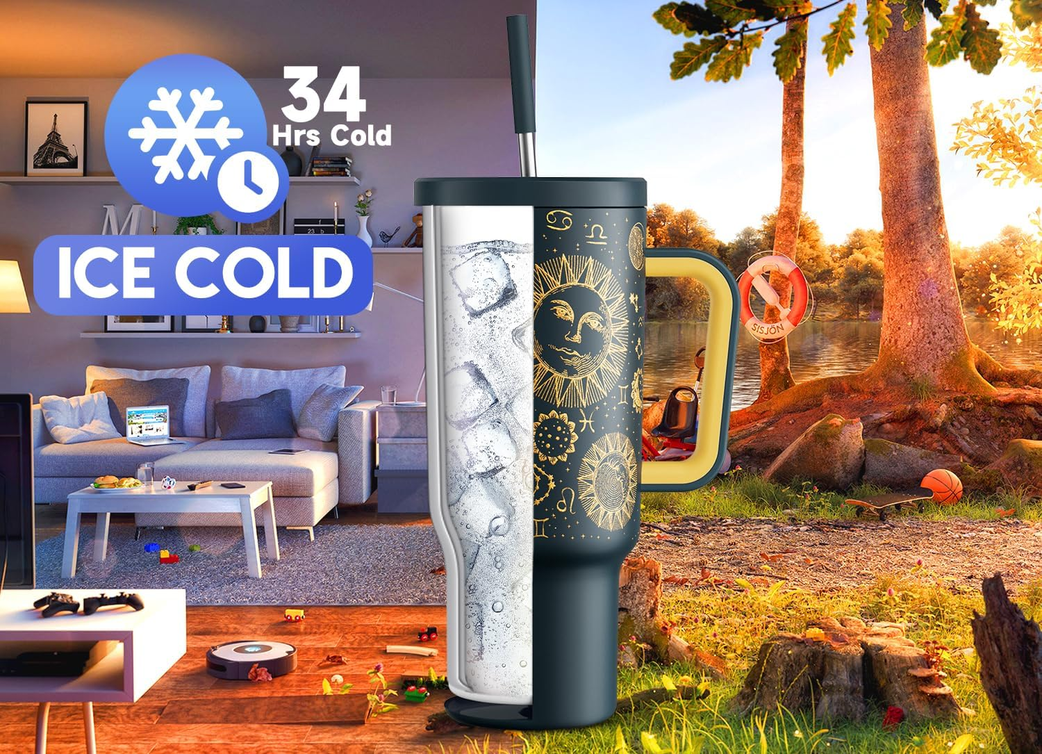 Meoky Tumbler with Straw and Lid for Car: 40Oz Insulated Tumbler with Handle - 100% Leakproof Stainless Steel Travel Mug for Home Office - Commuters Workers, Tarot image number 4