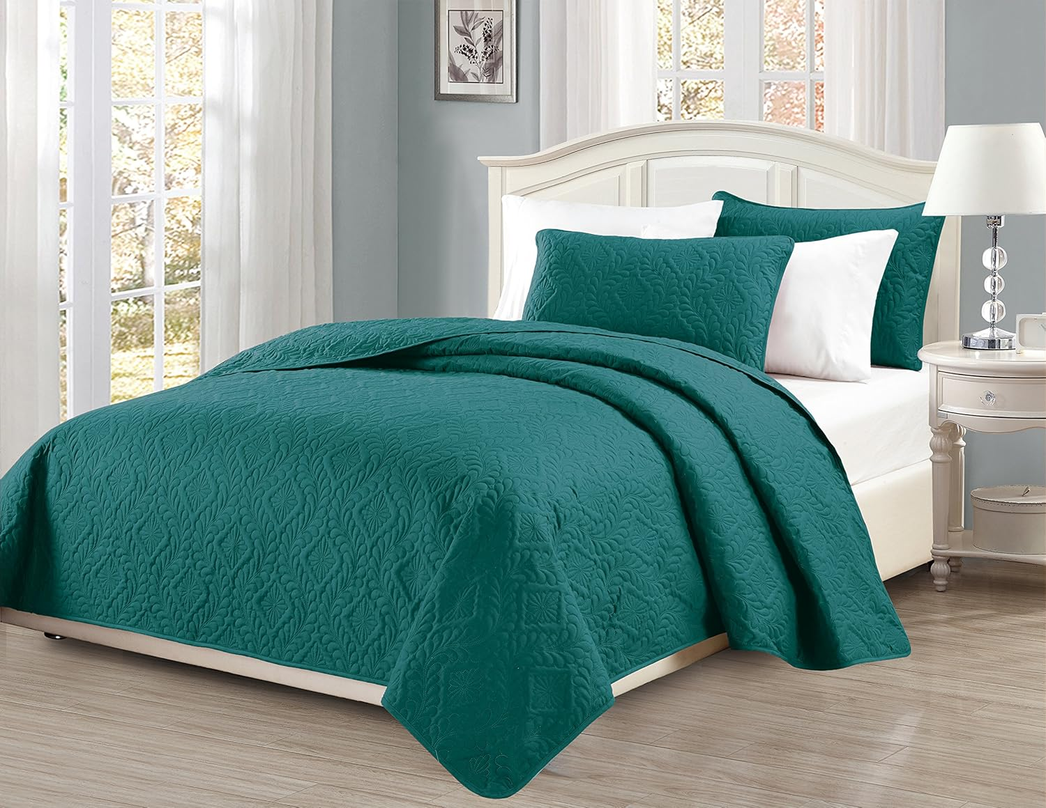 Mk Collection King/California King over Size 118X106 3 Pc Diamond Bedspread Bed-Cover Embossed Solid Turquoise New image number 7