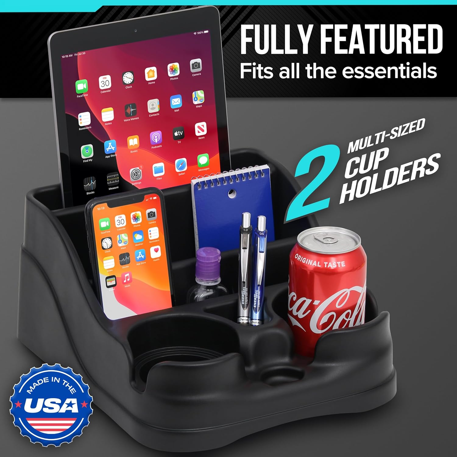 Moblorg Small Center Console for Cars, Trucks, Minivans, Suvs, Vehicle Organizer, Cup Holders, Recycled Plastic, Made in USA (Black) image number 6