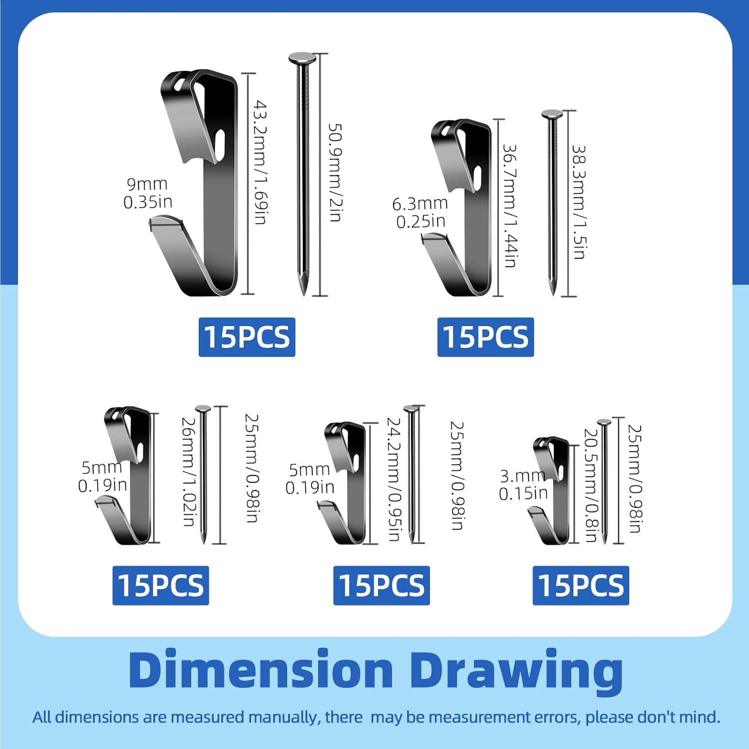 Glarks 75Pcs 10Lb/20Lb/30Lb/50Lb/100Lb Picture Hangers Hooks with Nails Kit, Black Picture Photo Hanging Hooks with Nails, Picture Hanging Kit for Frame, Painting, Art, Photo - Golden Black Picture image number 6