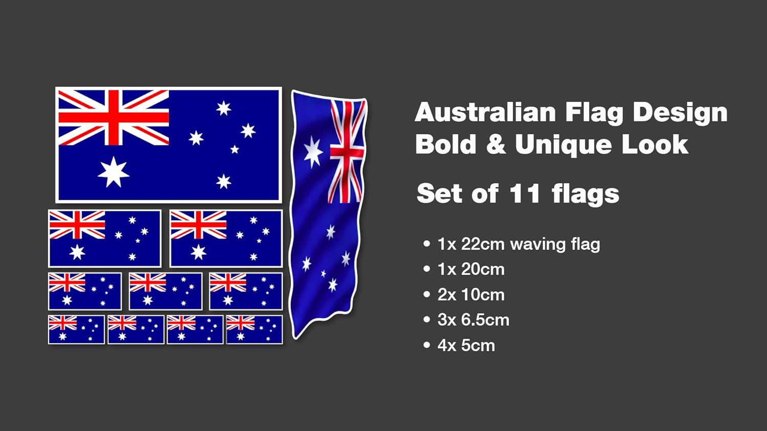 Australian Flag Stickers &ndash; Assorted Sizes Set (22Cm, 20Cm, 10Cm, 6.5Cm, 5Cm) | Bubble-Free Outdoor Vinyl Decals | Weatherproof Car, Toolbox, Window Stickers | Aussie Flag Waving Design