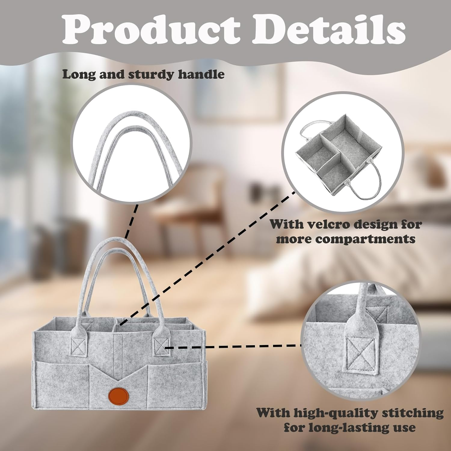 Jotia Modern Gray Diaper Caddy Organizer, Felt Cloth Nursery Storage Bin and Car Organizer, Baby Storage Basket for Diapers and Baby Wipes, Changing Table Organizer for Indoor Outdoor