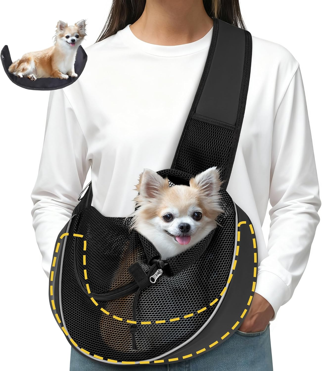 Upgraded Breathable Mesh Dog Sling Carrier for Small Dogs & Cats up to 10Lbs-Detachable Hard Bottom,Adjustable Strap & Large Pocket-Hands-Free Pet Carrier for Women Travel Walking Hiking (Pink Size M)