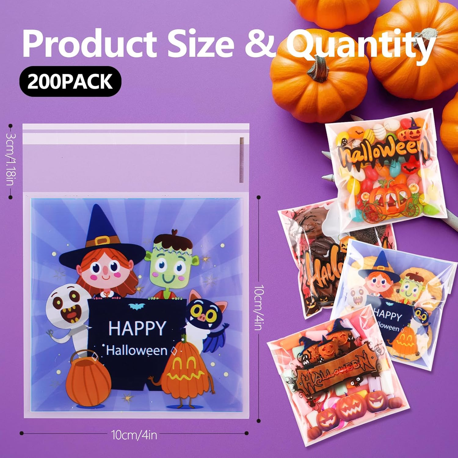 Bigqin 200Pcs Halloween Small Goodie Candy Bags, Self-Adhesive Small Transparent Gift Bags for Filling Cookies Candy Nuts (10X10Cm/3.94X3.9Inch) (Halloween Trick or Treat)