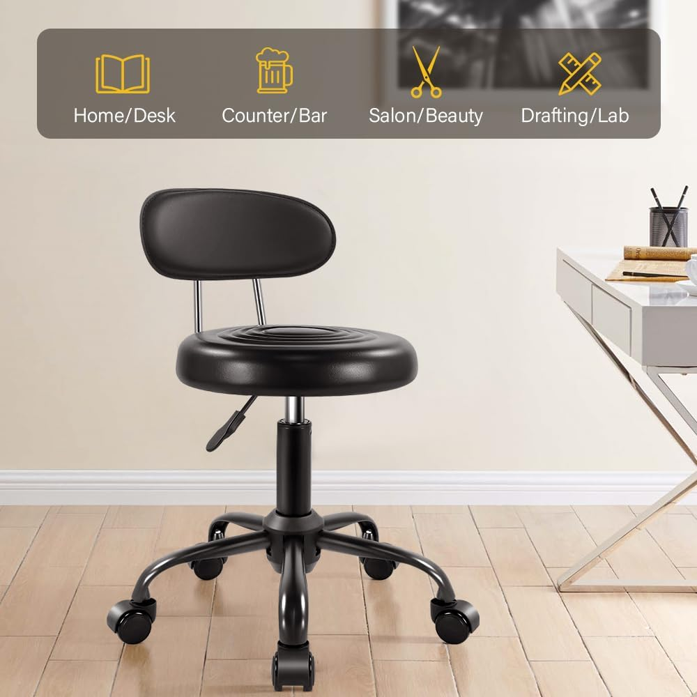 Rolling Stool with Wheels Swivel Stool with Back Height Adjustable Chair PU Leather Rolling Stools Ideal for SPA Salon Home Office Drafting Work (Black) image number 1