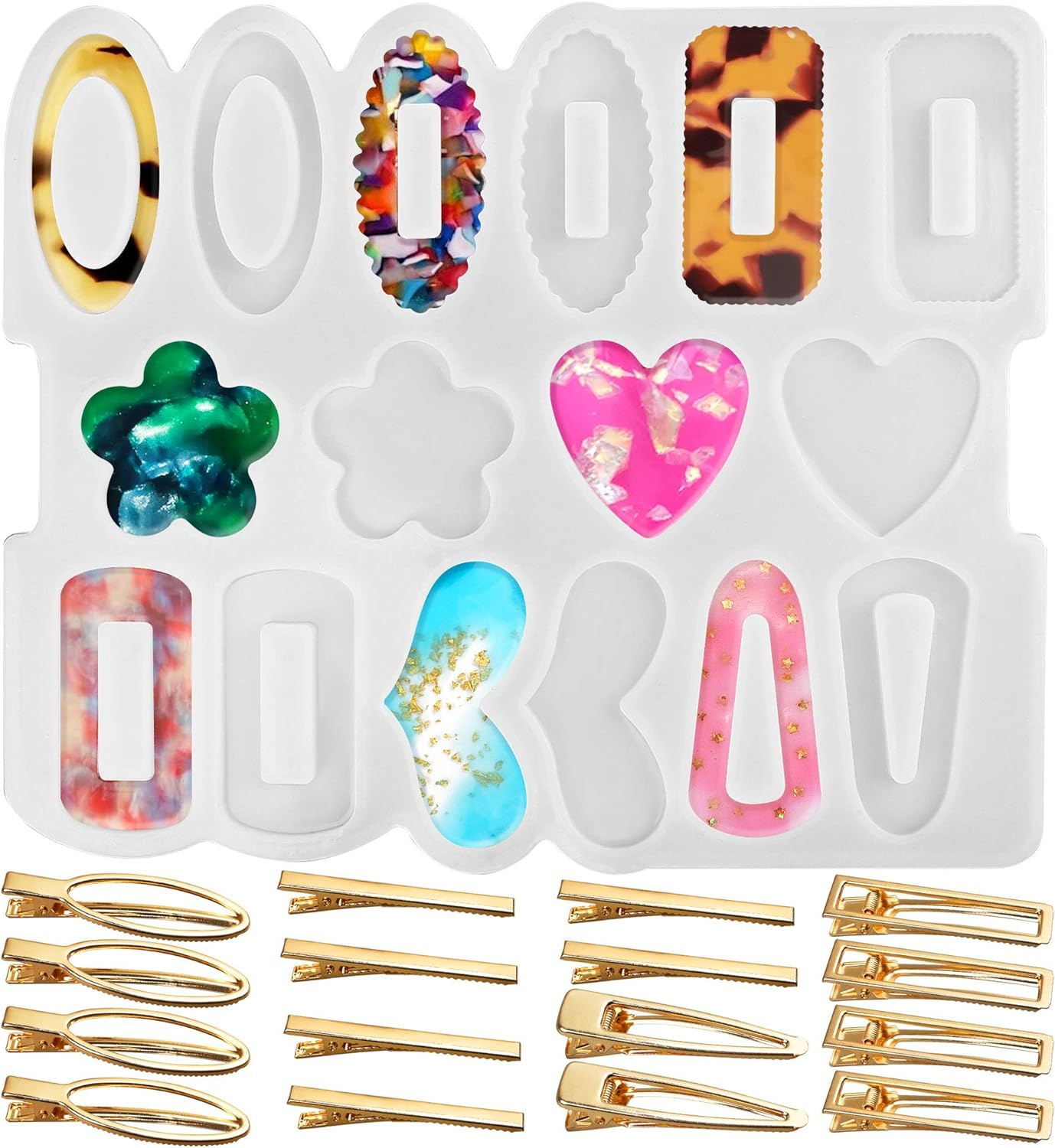Lotfancy Epoxy Resin Mold for Hair Clips, with 16 Pcs Gold Metal Hairpins, Small Flower and Heart Shape Silicone Molds for DIY Jewelry Making image number 5