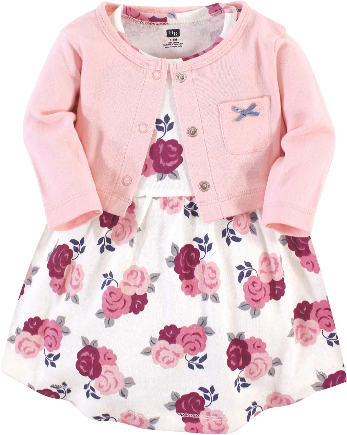 HUDSON BABY Baby Girls' Cotton Dress and Cardigan Set, Blush Floral, 0-3 Months
