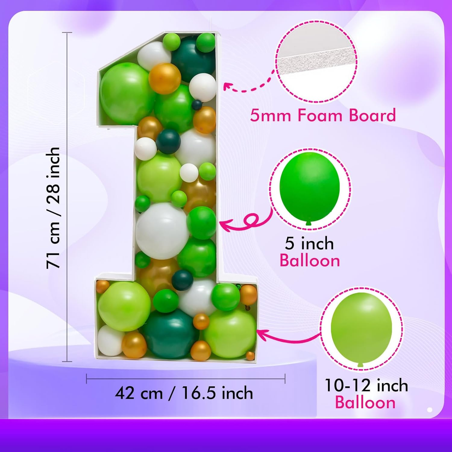 Joybox Design Mosaic Balloon Frame Light up Marquee Pre-Cut Kit Number 1 Cut-Out Extra Large Foam Board First Birthday Backdrop 1St Birthday Boy Girl Party Anniversary Decorations