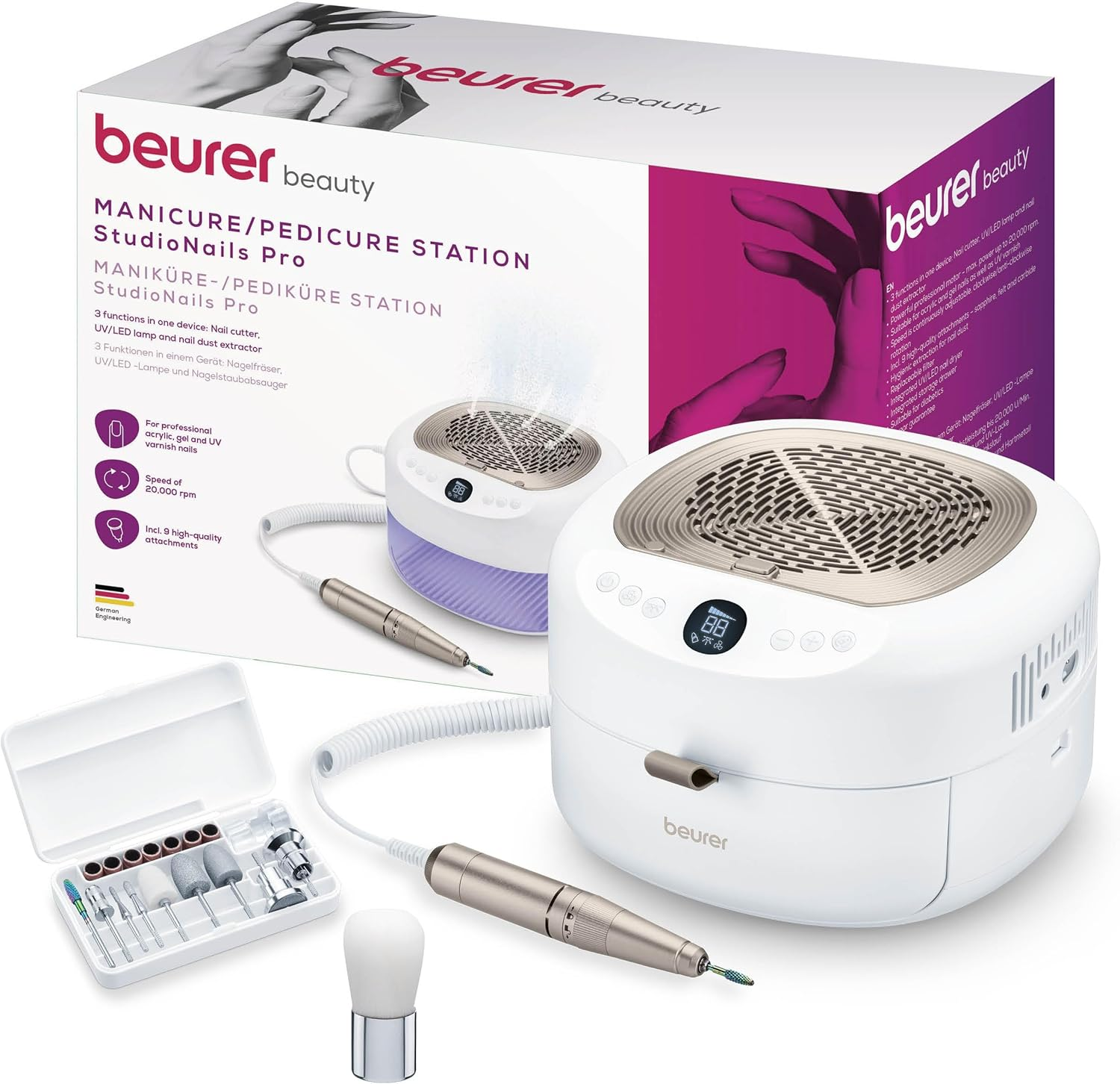 Beurer MP 200 Studionails Pro 3-In-1 Manicure / Pedicure Station, Nail Sander with UV/ LED Lamp & Dust Vacuum for Gel and Acrylic Nails, 9 Accessories