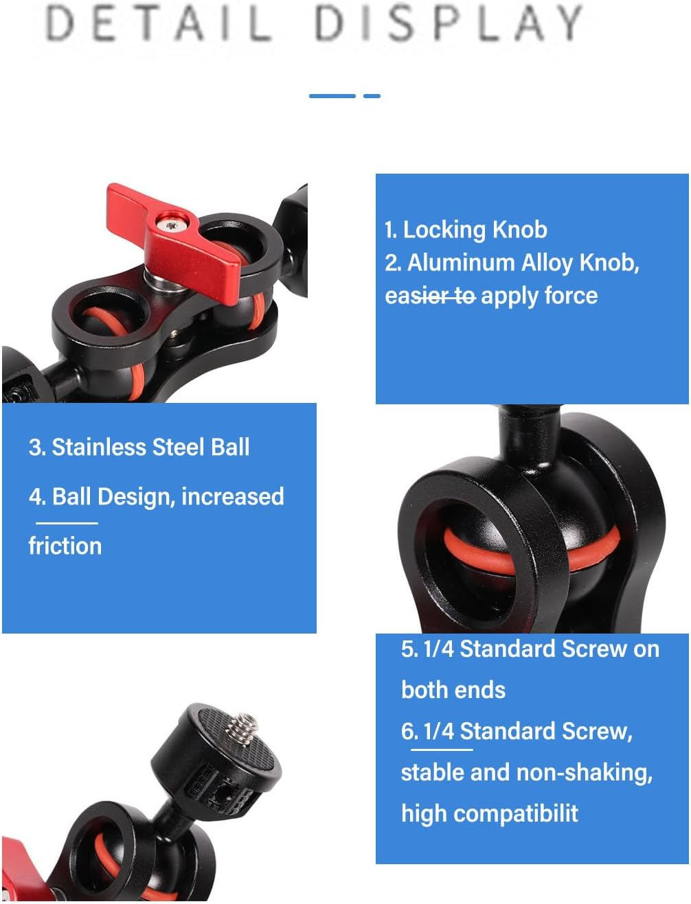 Suction Cup Camera Car Mount, Camera Suction Mount with Dual Ball Articulating Arm, 1/4 Screw Hole, 360&deg; Horizontal Adjustment and Rotation, for Action Cameras, Digital SLR Cameras image number 3