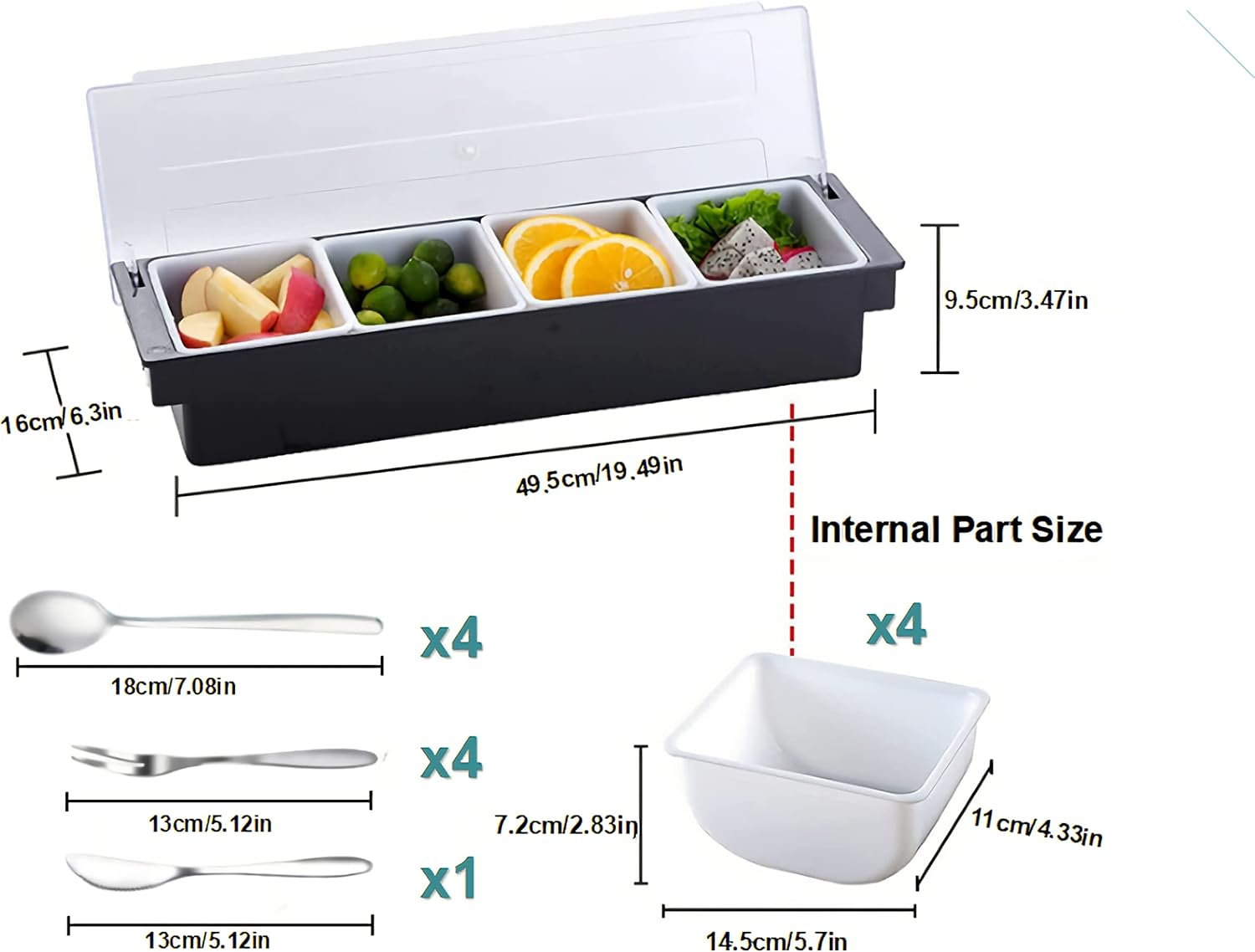 Food & Condiment Dispenser Ice Cooled Condiment Caddy,4 Compartment Garnish Stations Tray with Lid,4 Spoons,4 Forks,1 Fruit Knives,Chilled Condiment Server Caddyfor Bar Home Restaurant image number 3