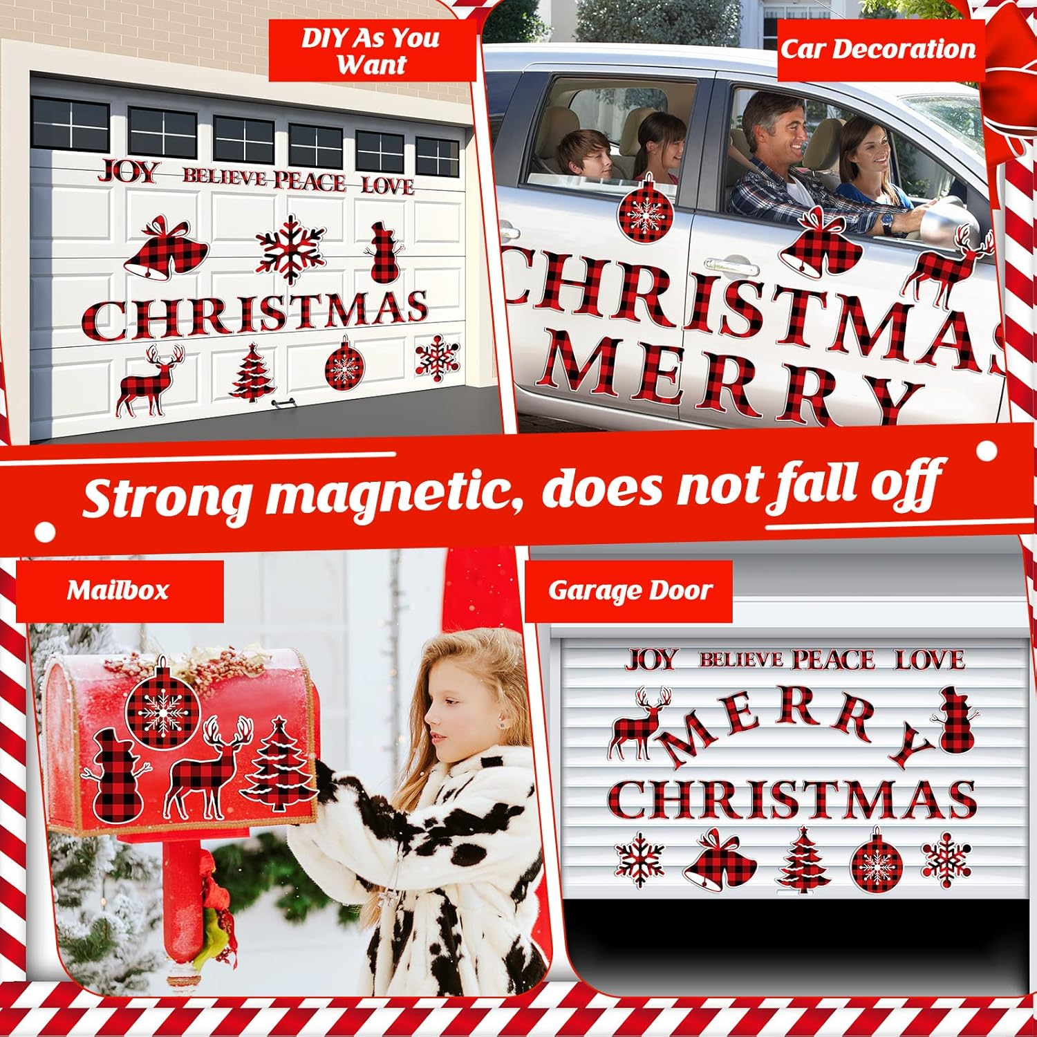 25 Pieces Merry Christmas Garage Door Stickers Magnets Christmas Refrigerator Decals Weather Resistant Garage Magnets Decoration Xmas Home Decor Magnetic Stickers for Car DIY Holiday (Plaid Style) - Candy Style image number 6