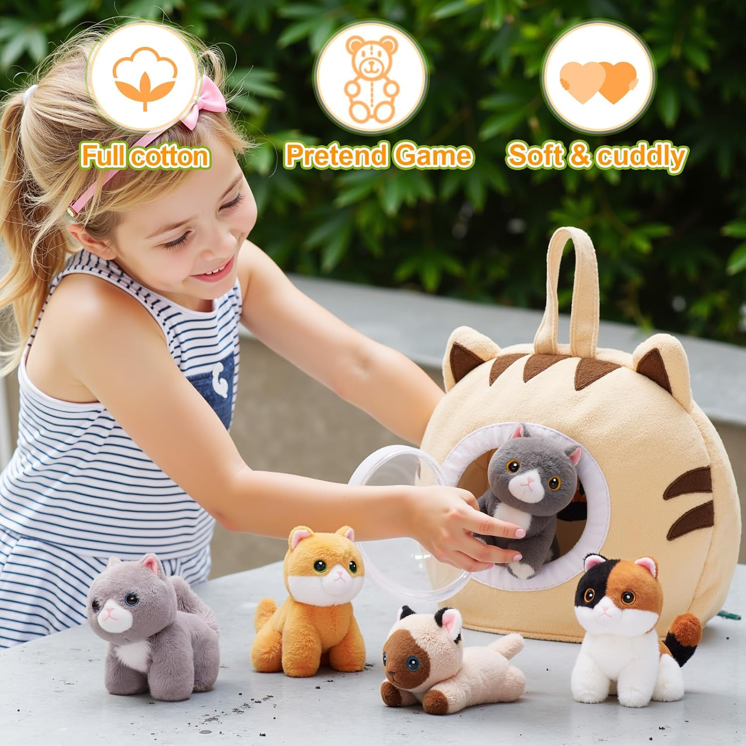 OUOZZZ Cat Stuffed Animal House &ndash; Plush Kitten Toy Set with 4 Soft Cats &ndash; Interactive & Travel-Friendly Playset for Toddlers & Kids &ndash; Huggable, Portable Birthday for Baby Girls image number 1