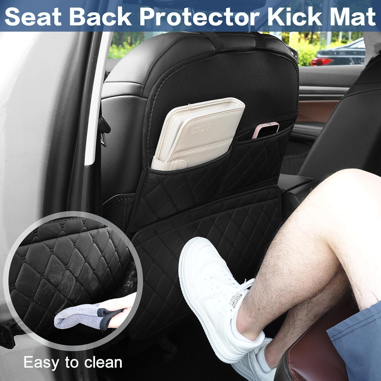 Car Backseat Organizer, Auto Seat Protector Kick Mat for Child Kids, Universal Leather Seat Back Cover with 3 Storage Pockets, Waterproof Anti-Fouling Seats Protection Accessories for Car SUV Truck image number 6