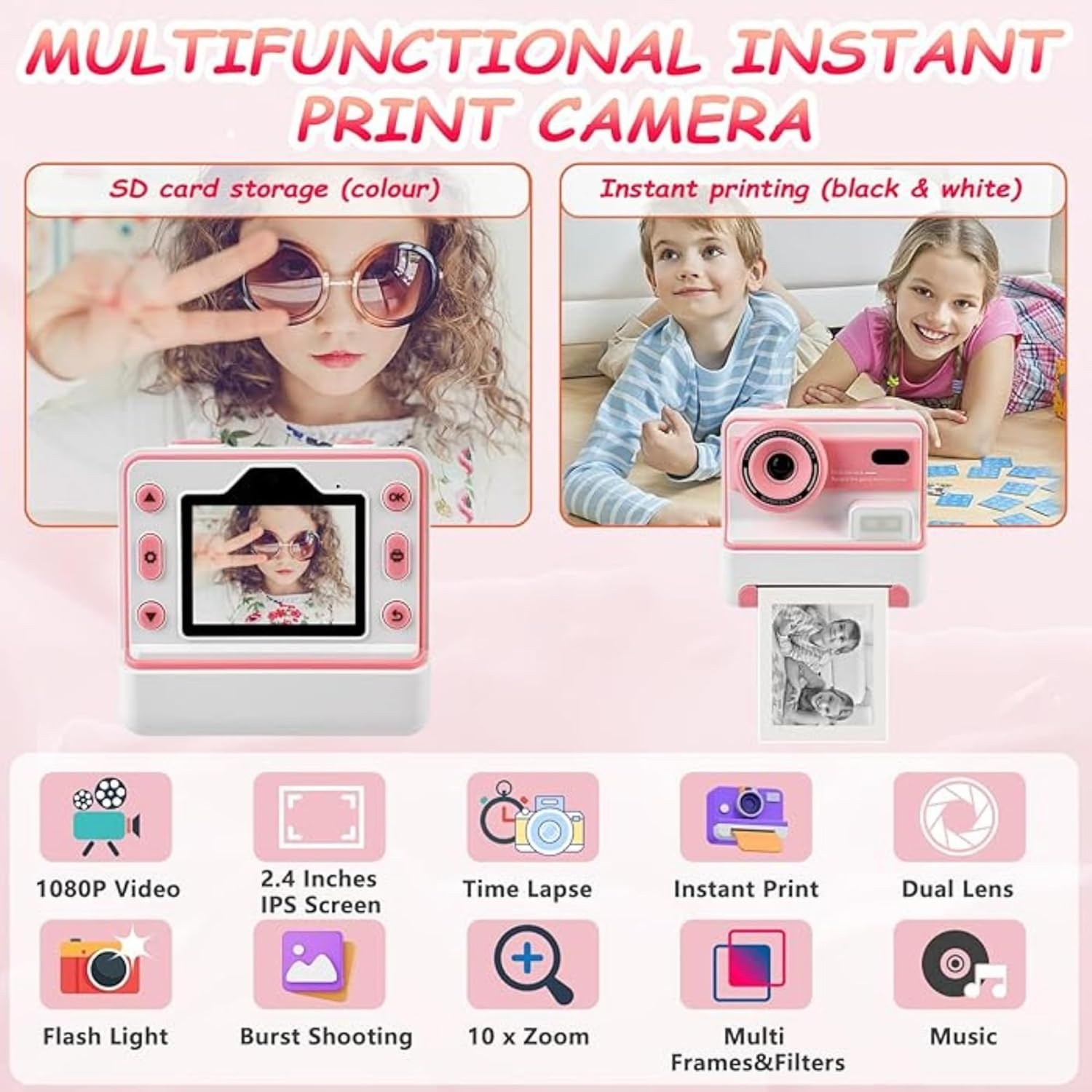 Instant Print Camera for Kids | 1080P HD 48MP Kids Print Camera with 2.4-Inch IPS Screen | Instant Camara for Kids Boys Girls Age 3-12, Included 3 Roll Thermal Print Paper, 32GB SD Card - Pink image number 6