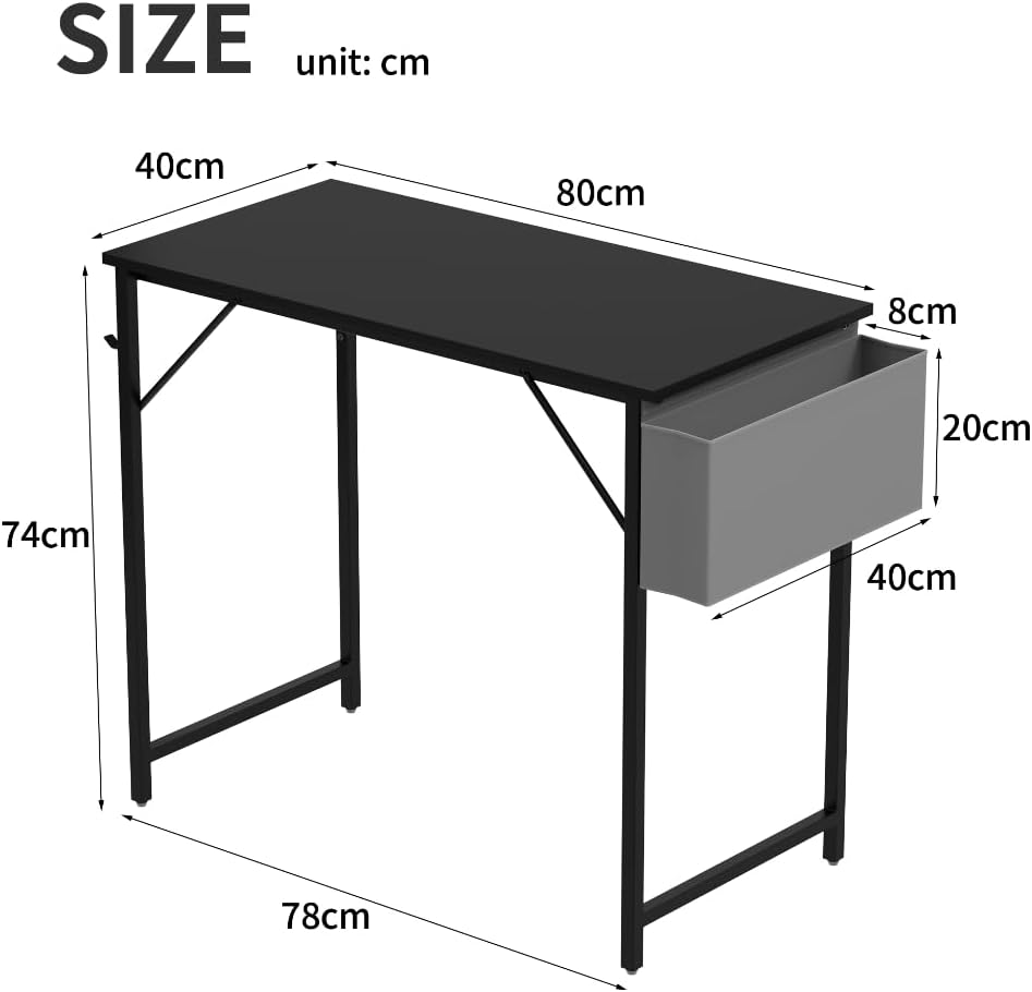 Computer Desk for Home Office & Gaming, Sturdy Writing Desk with Storage Bag & Headphone Hook, Modern Study Table for Bedroom, Durable Metal Frame, Easy to Assemble Workstation (80 * 40 Cm) image number 2