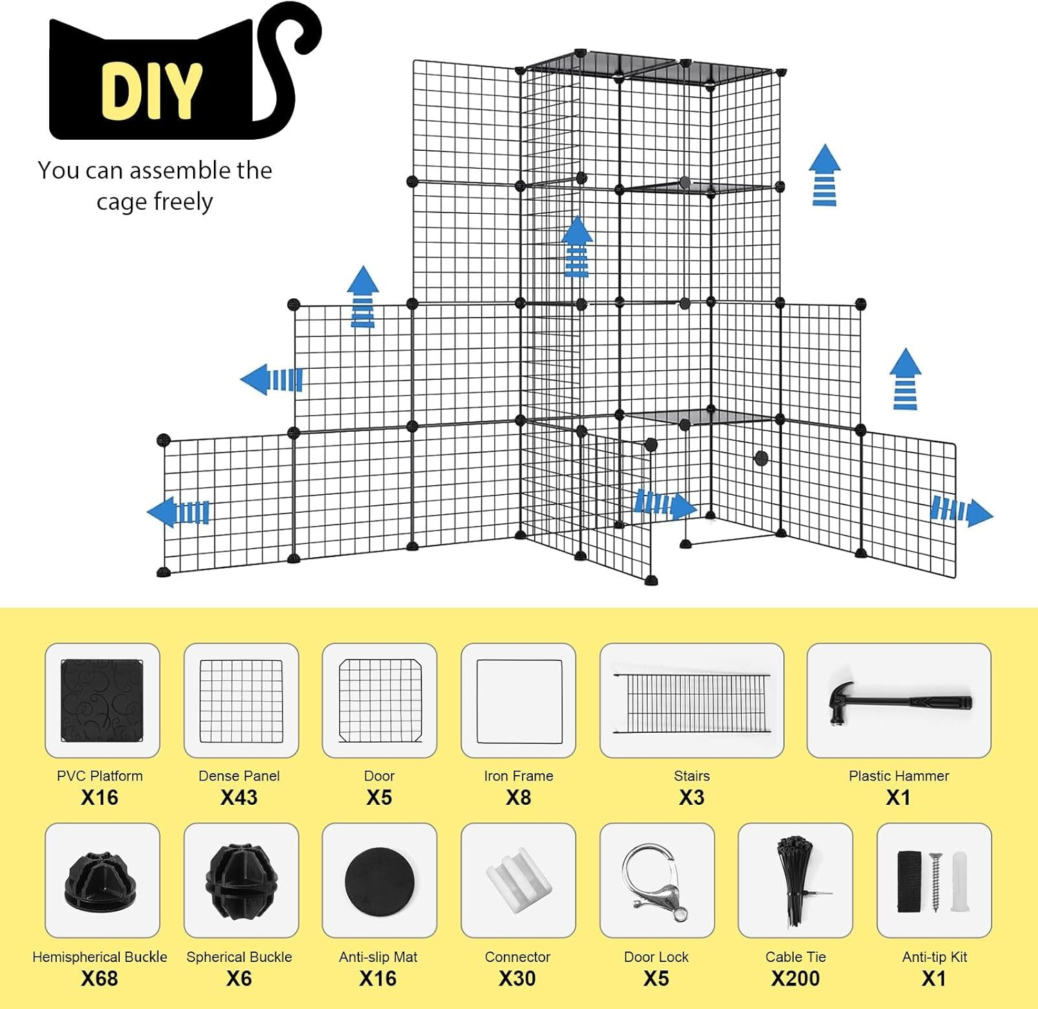 Pet Scene Cat Enclosure Cage 142Cm DIY Pet House 4 Tier Indoor Rabbit Hutch Bunny Ferret Crate Kitten Fence Kennel Playpen 3 Platforms 3 Ramps Detachable Metal image number 2