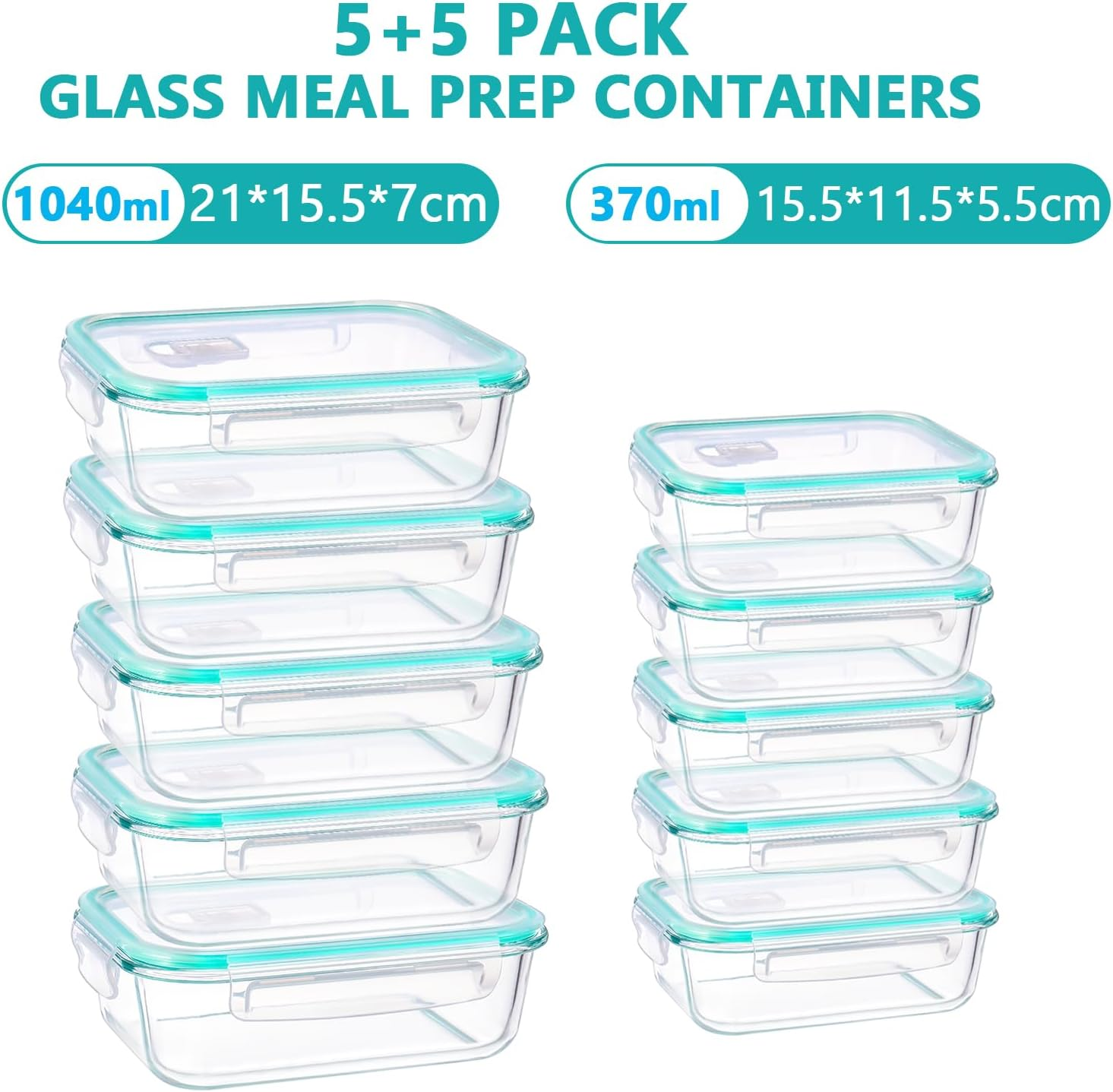 Feshory 10 Pack Glass Food Storage Containers (1040ML&370ML) with Plastic Lids - Glass Meal Prep Food Containers Safe for Microwave, Freezer, Dishwasher, Kitchen Storage & Organisation image number 5