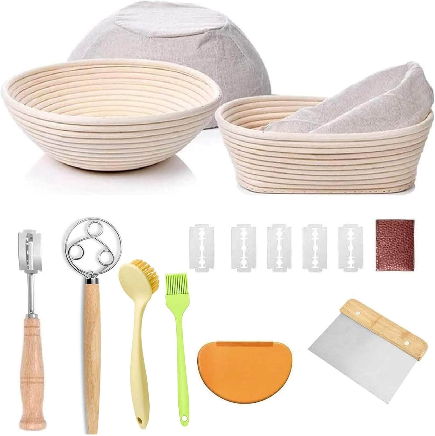 Kinconnyen Bread Banneton Proofing Basket Set,Round and Oval Bread Proofing Baskets,Danish Dough Whisk, Dough Scraper, Bread Bag and Brush,Sourdough Bread Baking Supplies. image number 5