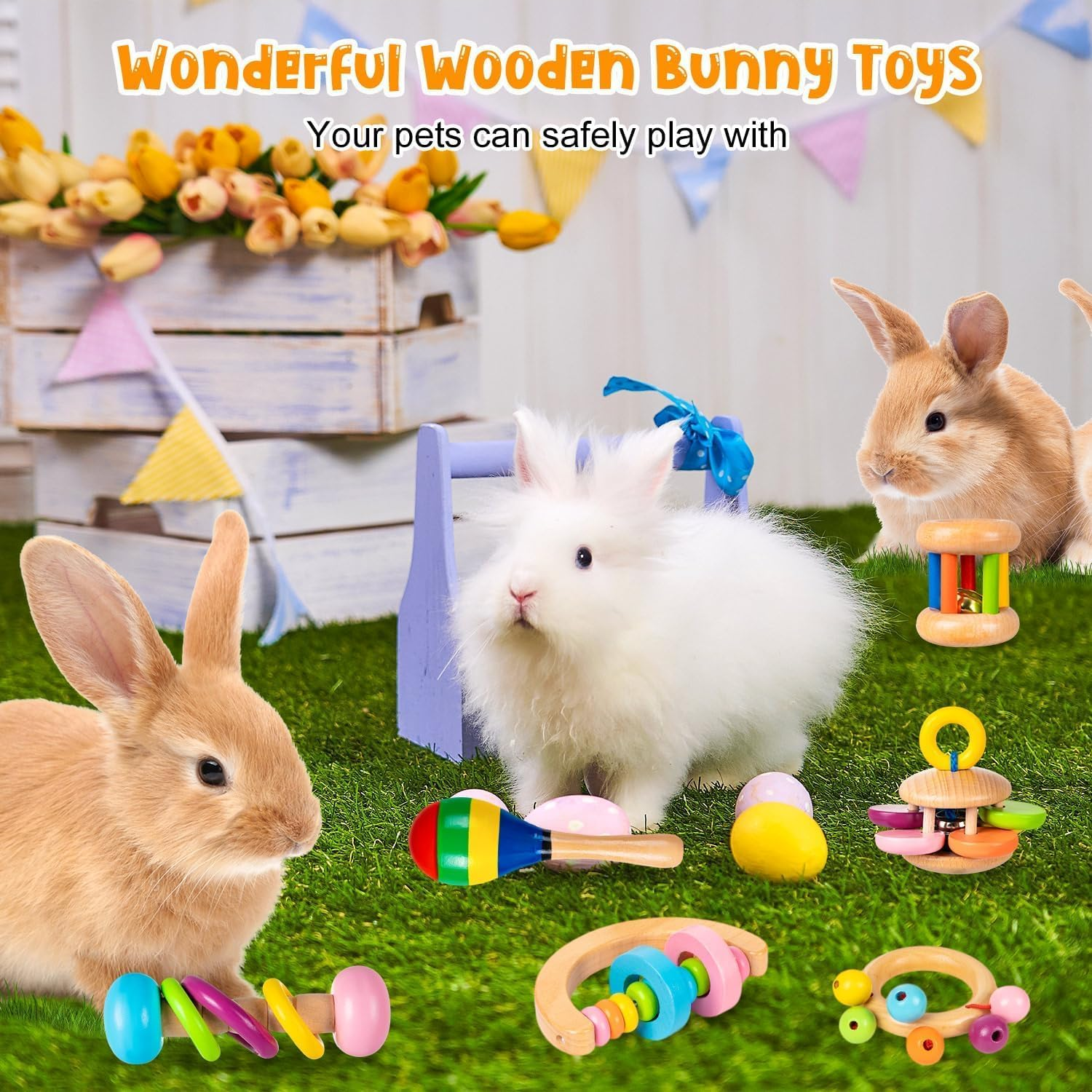 6 Pcs Wooden Bunny Toys Set, Safe Bite-Resistant Rabbit Toys Guinea Pigs Toys for Small Animals Chinchillas Hamsters, Bunny Gifts Indoor Outdoor image number 3