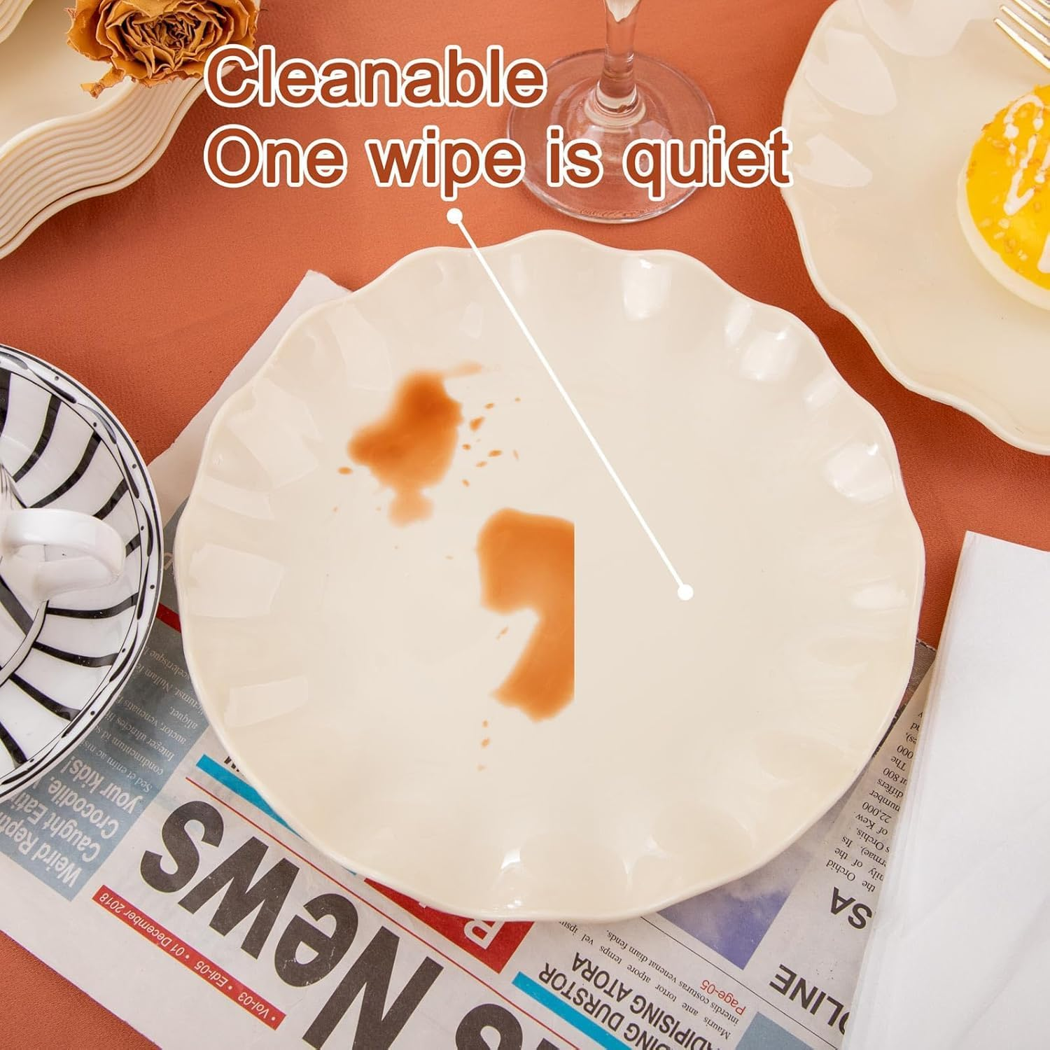 Dinner Plates of 24Pcs Reusable Dinner Set with Beige Flower Shape,Plates 0F Microwave & Dishwasher Safe,Tableware for Party Birthday Wedding Home Valentine'S Day - Beige image number 2