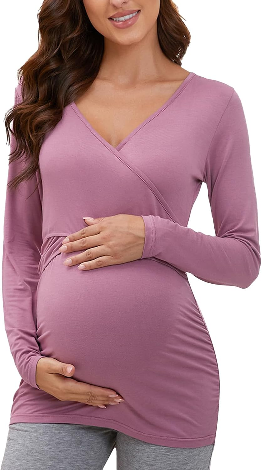Glampunch Women'S Maternity Dress Side Ruched Flying Sleeve Midi Bodycon Pregnancy Dress